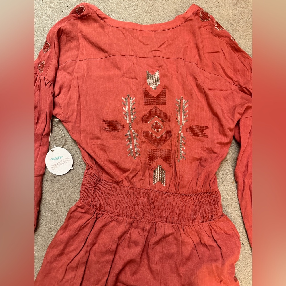 Hummingbird Embroidered Smocked Waist Dress Layered Skirt Women’s Small NWT